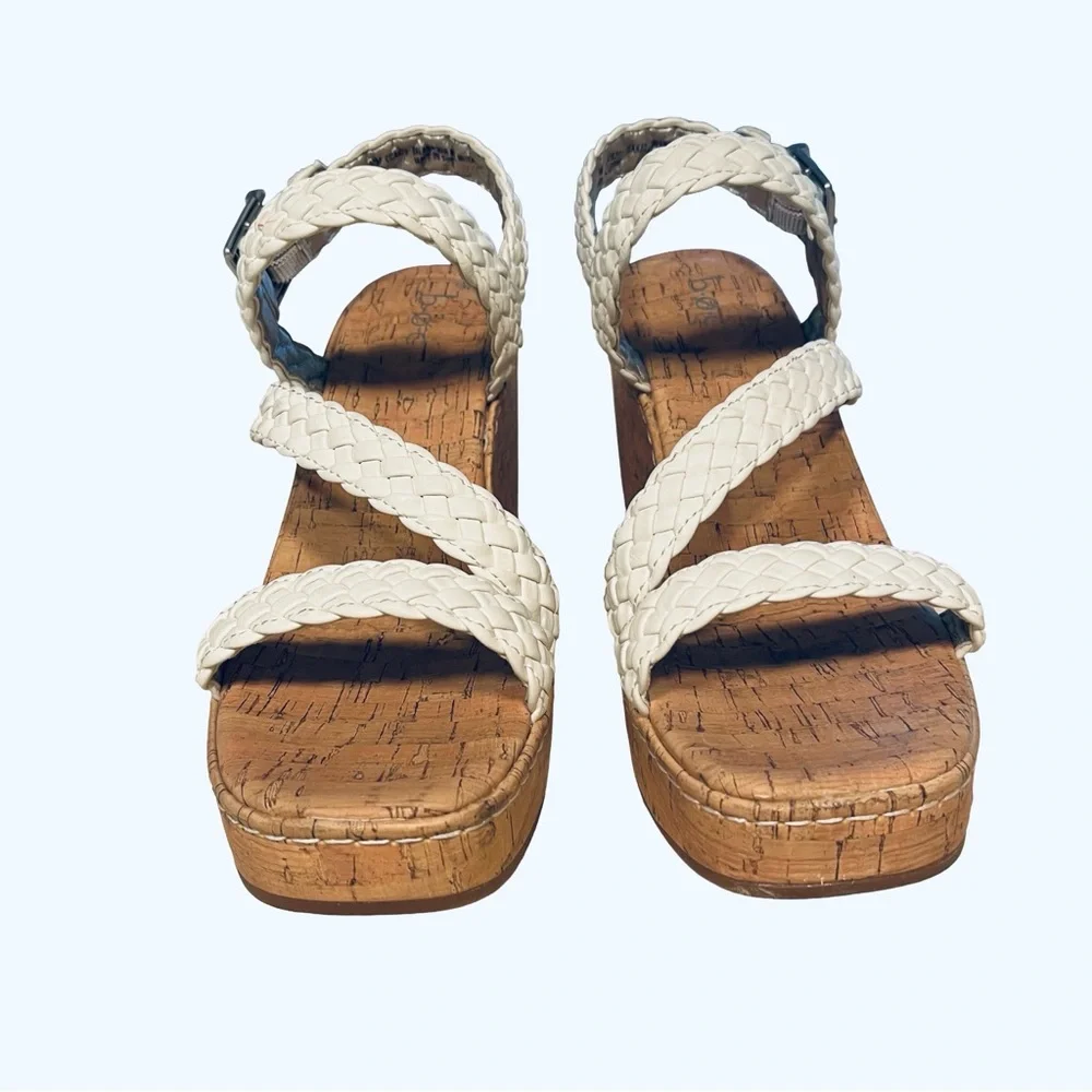 Born BOC Women Chrissy White Sz 9 Braided Strappy Cork Ultra High Wedge Sandal